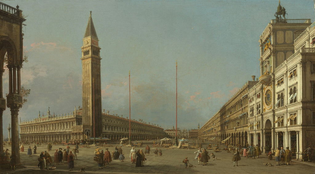 Pintura a óleo de Canaletto mostrando a Piazza San Marco em Veneza com edifícios detalhados, uma torre sineira alta e muitas figuras em primeiro plano e ao fundo.