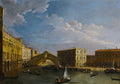 Pintura de Canaletto, 'A Ponte de Rialto', mostrando uma vista panorâmica do Grande Canal em Veneza com a ponte de pedra imponente ao centro, edifícios históricos em ambos os lados e gôndolas com figuras na água sob um céu azul com nuvens brancas.