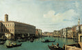 Pintura a óleo do Grande Canal de Veneza, com palácios históricos e gôndolas navegando em águas calmas sob um céu claro. Assinatura de Canaletto.
