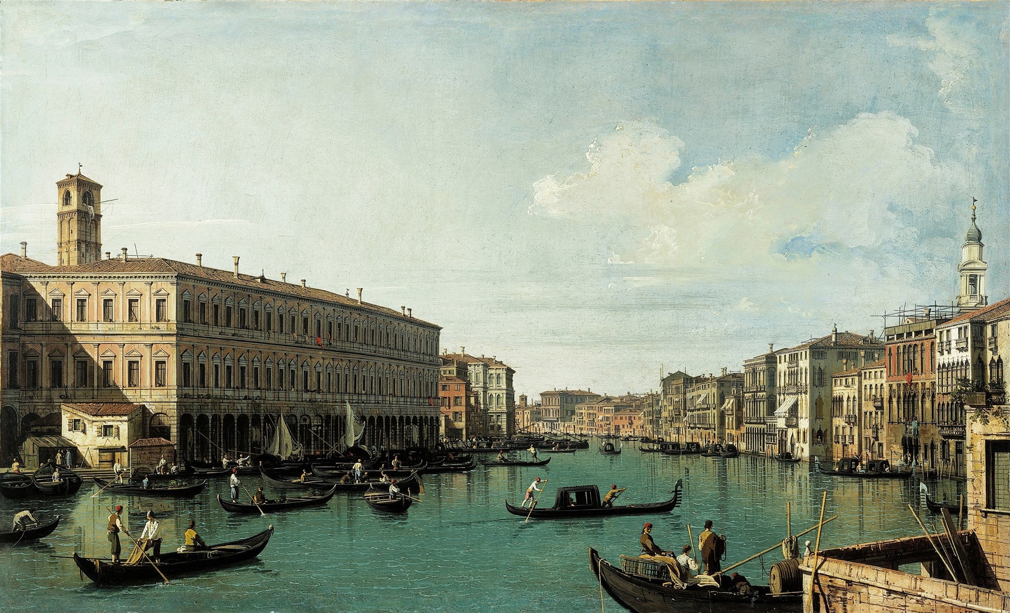 Pintura a óleo do Grande Canal de Veneza, com palácios históricos e gôndolas navegando em águas calmas sob um céu claro. Assinatura de Canaletto.
