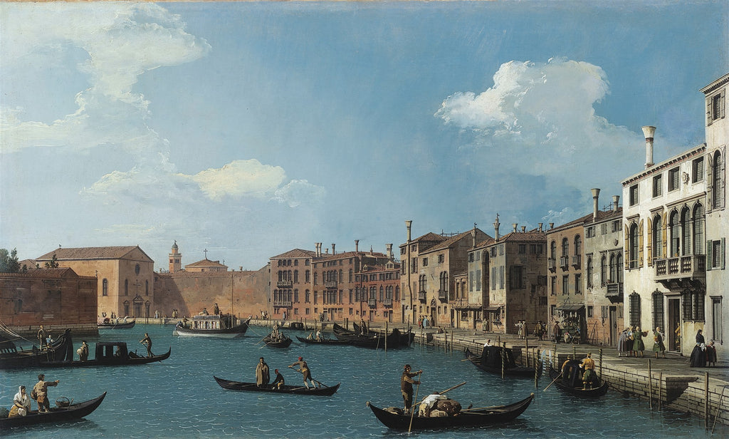 Pintura a óleo de Canaletto, 'O Grande Canal', mostrando a movimentada via aquática de Veneza com gôndolas e barcos, ladeada por edifícios históricos e sob um céu azul com nuvens brancas