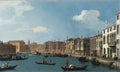 Pintura a óleo de Canaletto, 'O Grande Canal', mostrando a movimentada via aquática de Veneza com gôndolas e barcos, ladeada por edifícios históricos e sob um céu azul com nuvens brancas