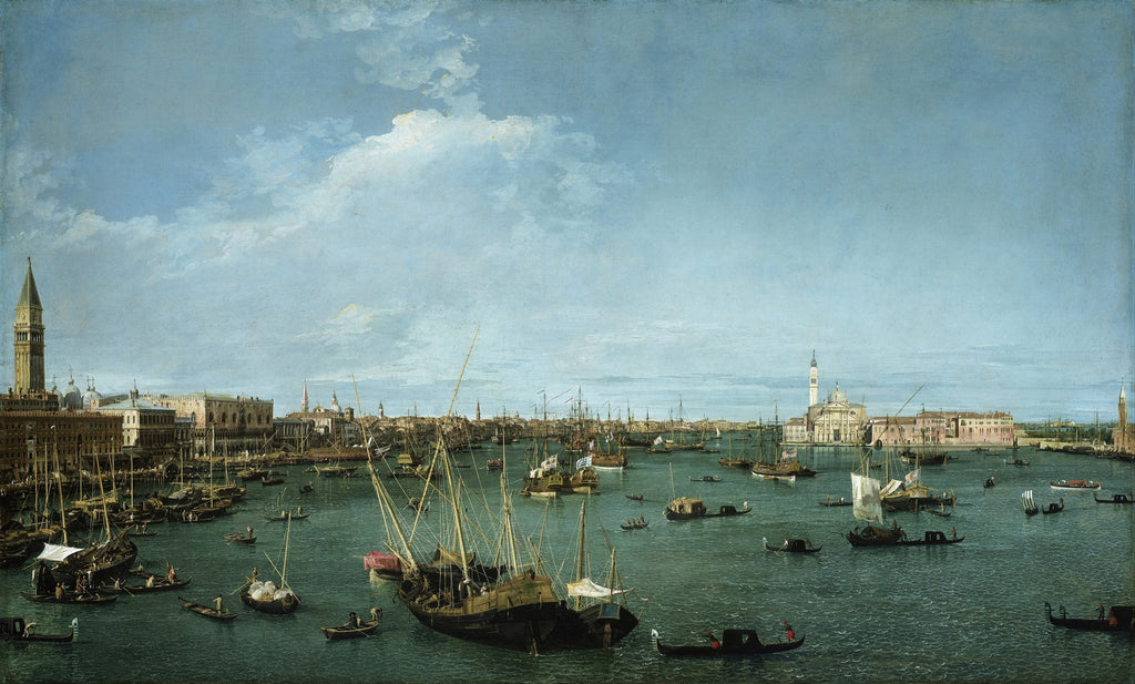 Quadro decorativo da Lagoa de Veneza, pintado por Canaletto, mostrando o porto movimentado com barcos, gôndolas e edifícios históricos sob um céu azul claro com nuvens brancas. A obra é uma veduta com riqueza de detalhes e perspectiva.