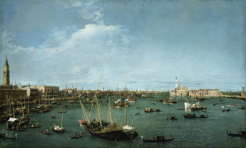 Quadro decorativo da Lagoa de Veneza, pintado por Canaletto, mostrando o porto movimentado com barcos, gôndolas e edifícios históricos sob um céu azul claro com nuvens brancas. A obra é uma veduta com riqueza de detalhes e perspectiva.