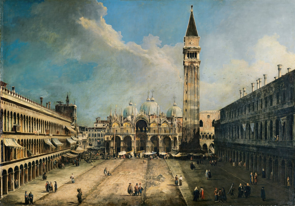 Pintura a óleo de Canaletto retratando A Praça de São Marcos em Veneza, com a Basílica de São Marcos, o Campanário e o Palácio Ducal, sob um céu dramático com nuvens. Pessoas pequenas povoam a praça.