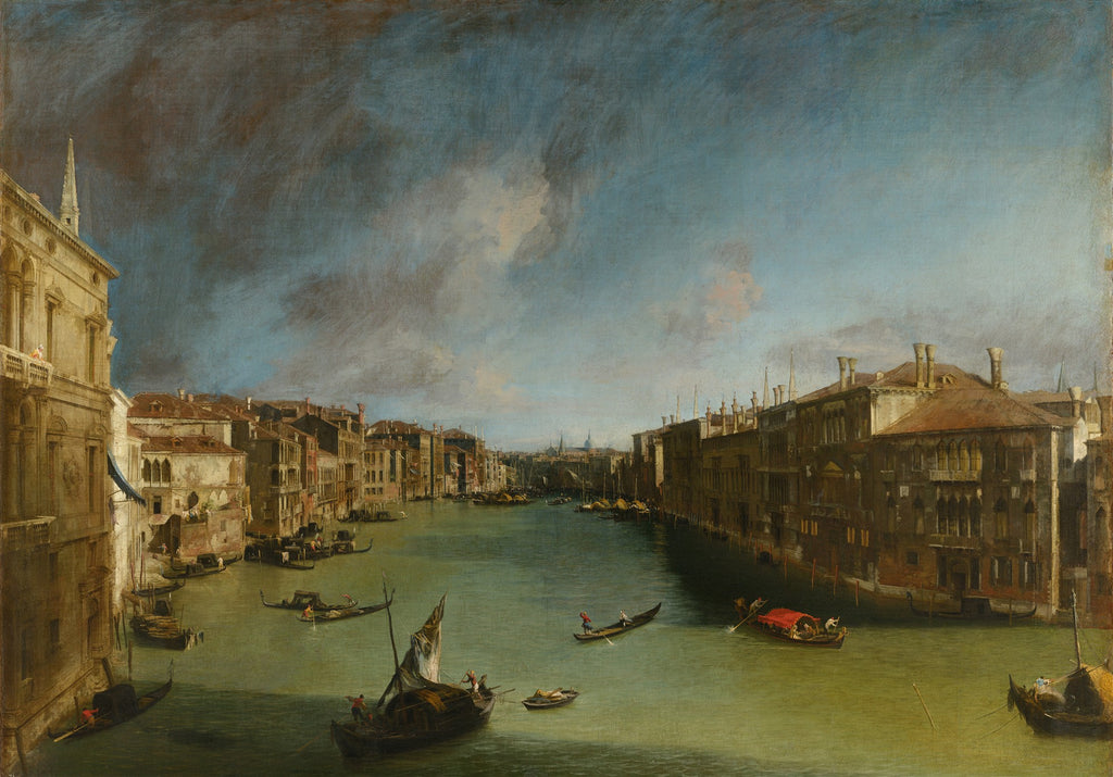 Quadro decorativo do Canal Grande em Veneza, atribuído a Canaletto, mostrando barcos e gôndolas em um dia nublado com edifícios históricos nas margens.