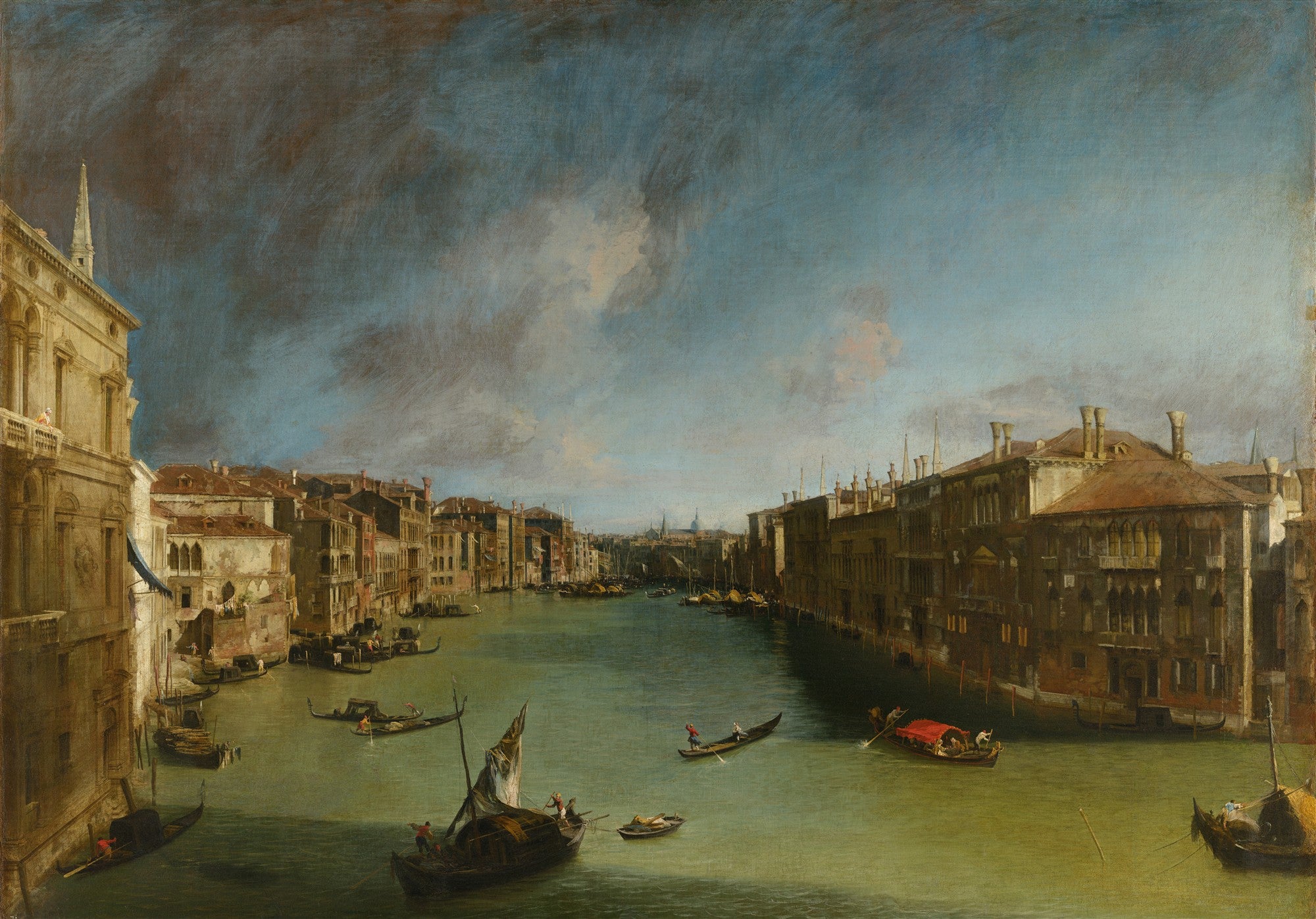 Quadro decorativo do Canal Grande em Veneza, atribuído a Canaletto, mostrando barcos e gôndolas em um dia nublado com edifícios históricos nas margens.