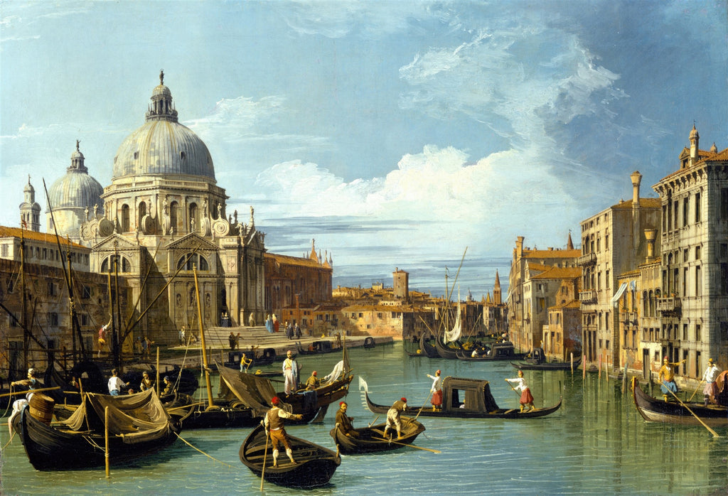 Quadro decorativo do Grande Canal em Veneza, pintado por Canaletto. A imagem mostra a Basílica de Santa Maria della Salute, gôndolas e edifícios históricos sob um céu azul com nuvens brancas.