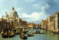 Quadro decorativo do Grande Canal em Veneza, pintado por Canaletto. A imagem mostra a Basílica de Santa Maria della Salute, gôndolas e edifícios históricos sob um céu azul com nuvens brancas.