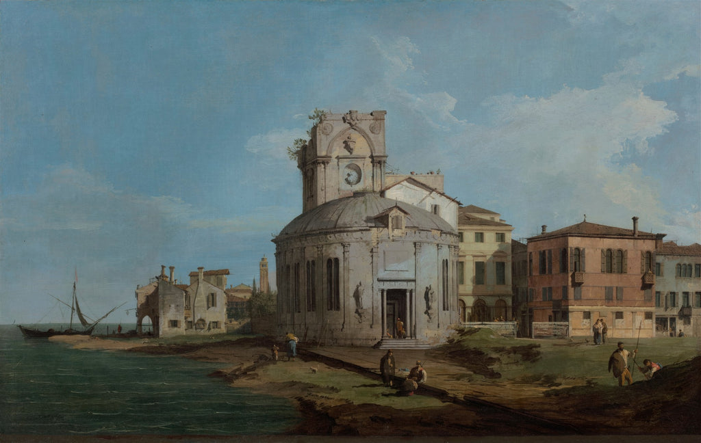Quadro decorativo mostrando a Igreja de San Giorgio Maggiore em Veneza, com um barco à esquerda e figuras na margem. Céu azul claro e edifícios em tons terrosos.