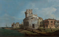 Quadro decorativo mostrando a Igreja de San Giorgio Maggiore em Veneza, com um barco à esquerda e figuras na margem. Céu azul claro e edifícios em tons terrosos.