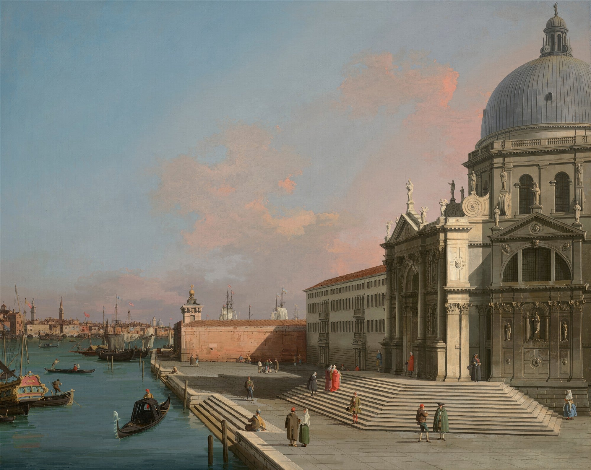 Pintura a óleo detalhada de Canaletto mostrando o Bacino di San Marco em Veneza, com a Basílica de Santa Maria della Salute e barcos no canal, sob um céu rosado ao entardecer.