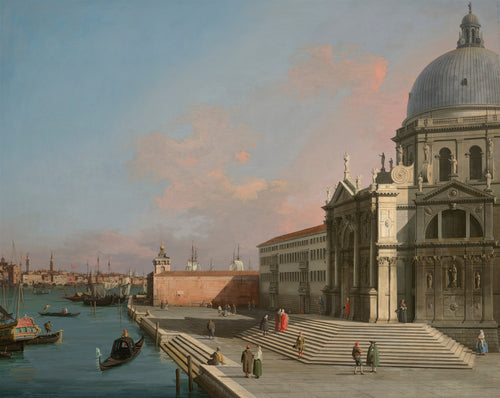 Pintura a óleo detalhada de Canaletto mostrando o Bacino di San Marco em Veneza, com a Basílica de Santa Maria della Salute e barcos no canal, sob um céu rosado ao entardecer.