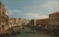 Pintura a óleo do Canal Grande de Veneza, com edifícios históricos coloridos nas margens e numerosas gôndolas e pequenas embarcações nas águas. O céu é azul com nuvens dispersas e há pessoas nas margens e nas gôndolas.