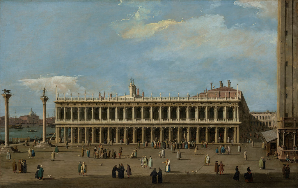 Uma pintura detalhada da Praça de São Marcos em Veneza, mostrando edifícios grandiosos, colunas, pessoas passeando e o mar ao fundo com barcos, sob um céu azul com nuvens brancas, com uma torre alta no canto direito.