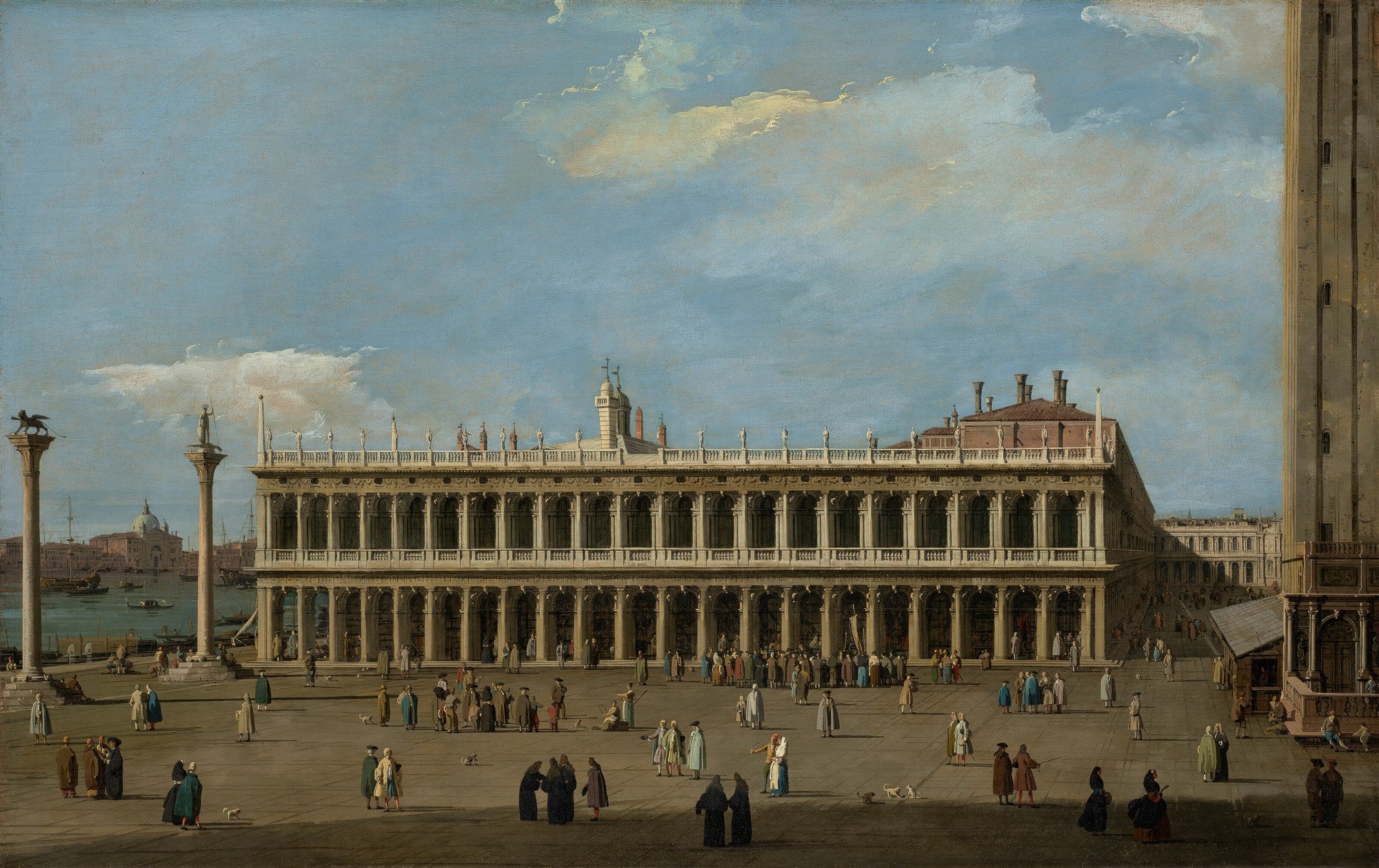 Uma pintura detalhada da Praça de São Marcos em Veneza, mostrando edifícios grandiosos, colunas, pessoas passeando e o mar ao fundo com barcos, sob um céu azul com nuvens brancas, com uma torre alta no canto direito.
