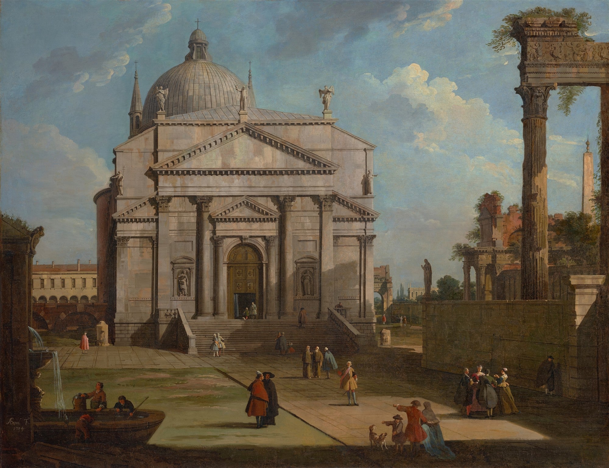 Pintura a óleo atribuída a Canaletto, mostrando uma paisagem urbana idealizada de Roma com um grande edifício neoclássico à esquerda, semelhante ao Pantheon, ruínas romanas à direita, e pequenas figuras interagindo em uma praça. O céu é azul com nuvens brancas, e a luz é clara e nítida.