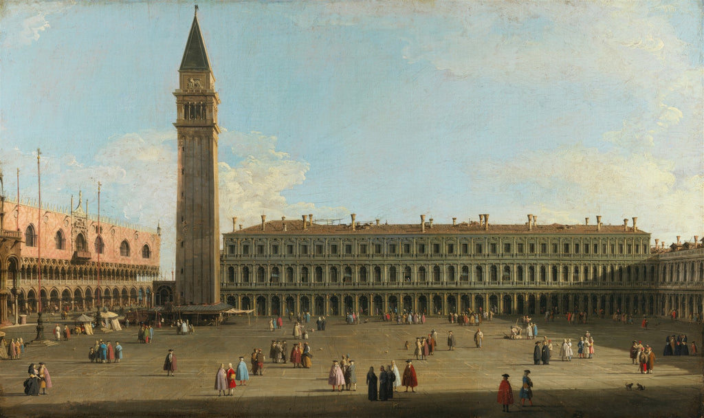 Uma pintura óleo sobre tela de Canaletto mostrando a Praça de São Marcos em Veneza. A imagem destaca o Campanário alto à esquerda, o Palácio Ducal rosado e edifícios em estilo clássico ao redor da praça, com muitas figuras humanas passeando e interagindo. O céu é predominantemente azul com algumas nuvens brancas.