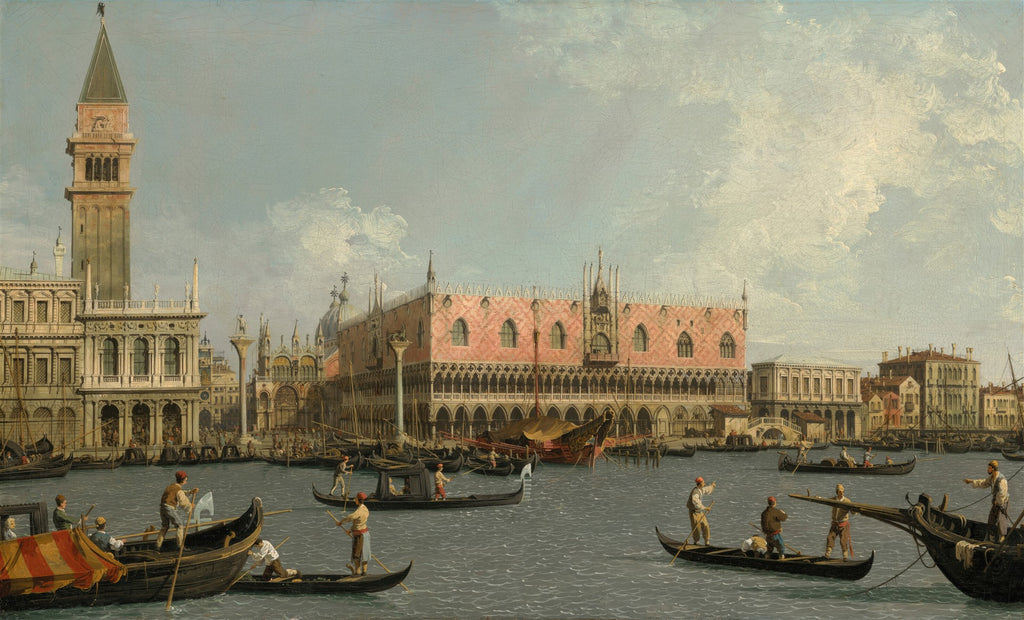 Pintura de Canaletto mostrando o Bacino di San Marco em Veneza, com Palácio Ducal, Campanile e gôndolas em primeiro plano sob um céu azul.