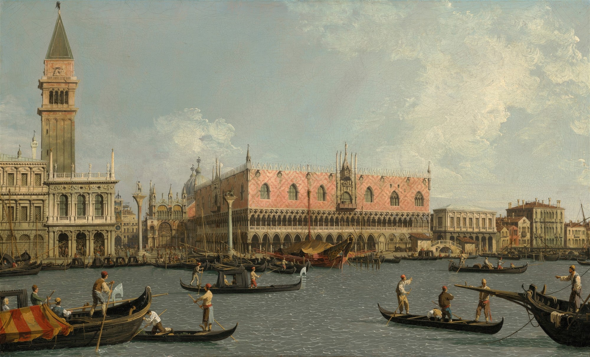 Pintura de Canaletto mostrando o Bacino di San Marco em Veneza, com Palácio Ducal, Campanile e gôndolas em primeiro plano sob um céu azul.