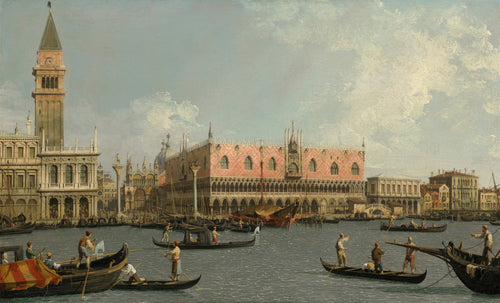 Pintura de Canaletto mostrando o Bacino di San Marco em Veneza, com Palácio Ducal, Campanile e gôndolas em primeiro plano sob um céu azul.