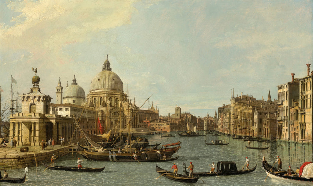 Vista panorâmica do Bacino di San Marco em Veneza, com a Basílica de Santa Maria della Salute ao centro, barcos e gôndolas no canal, e edifícios históricos na margem. Pintura de Canaletto.