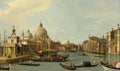 Vista panorâmica do Bacino di San Marco em Veneza, com a Basílica de Santa Maria della Salute ao centro, barcos e gôndolas no canal, e edifícios históricos na margem. Pintura de Canaletto.