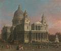 Pintura a óleo de Canaletto mostrando a Catedral de São Paulo em Londres. A catedral ocupa a maior parte da tela, com sua cúpula majestosa e fachada barroca. Pessoas e carruagens animam a praça em primeiro plano, sob um céu que transita do azul para o rosado.