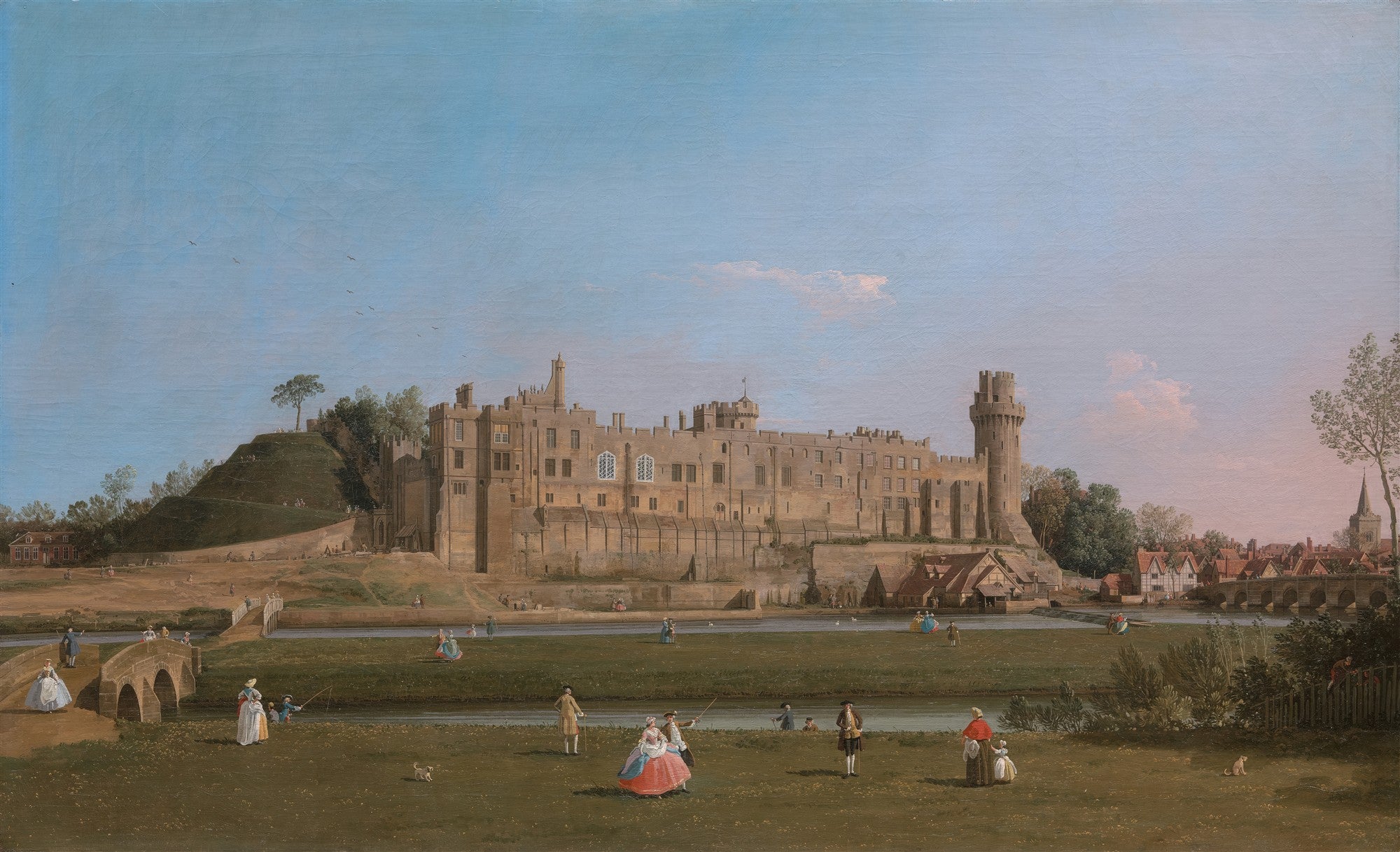 Pintura a óleo de Canaletto mostrando o Castelo de Warwick em um dia claro, com pessoas caminhando em um campo verde e um rio com uma ponte de pedra. O céu é azul claro com algumas nuvens.