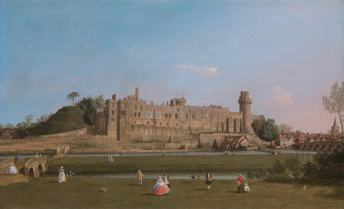 Pintura a óleo de Canaletto mostrando o Castelo de Warwick em um dia claro, com pessoas caminhando em um campo verde e um rio com uma ponte de pedra. O céu é azul claro com algumas nuvens.