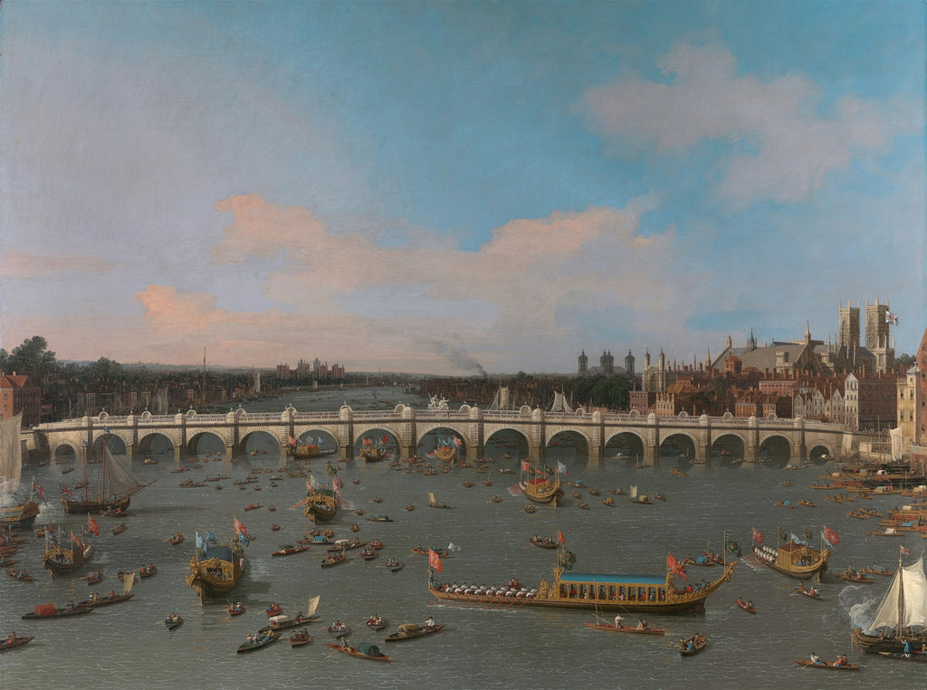 Pintura a óleo de Canaletto mostrando a Ponte de Westminster em Londres, com o rio Tâmisa cheio de barcos e a cidade ao fundo. Céu azul com nuvens brancas e rosadas.