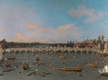 Pintura a óleo de Canaletto mostrando a Ponte de Westminster em Londres, com o rio Tâmisa cheio de barcos e a cidade ao fundo. Céu azul com nuvens brancas e rosadas.