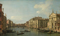 Quadro decorativo com pintura a óleo do Grande Canal de Veneza por Canaletto, mostrando gôndolas e edifícios históricos sob um céu azul claro.