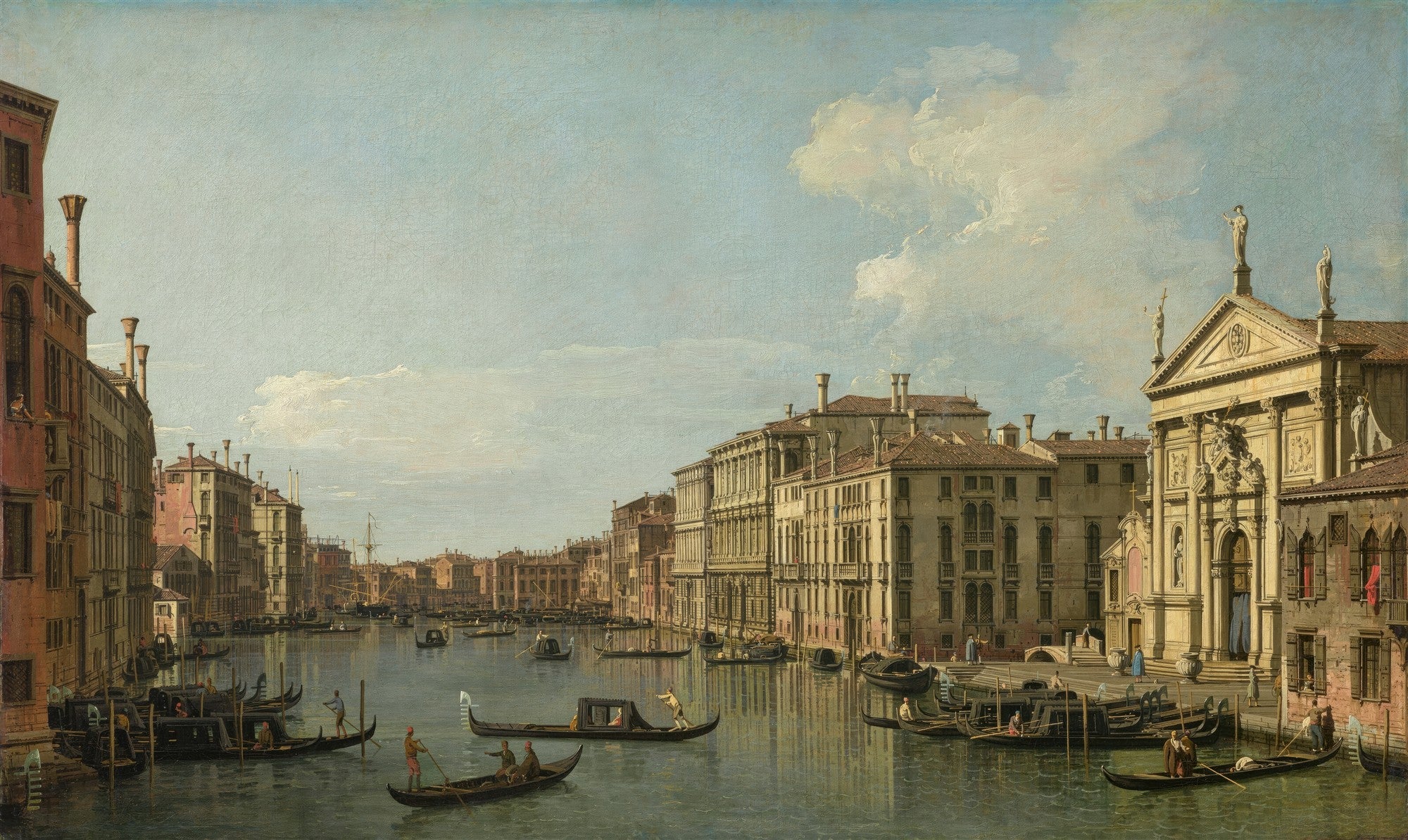 Quadro decorativo com pintura a óleo do Grande Canal de Veneza por Canaletto, mostrando gôndolas e edifícios históricos sob um céu azul claro.