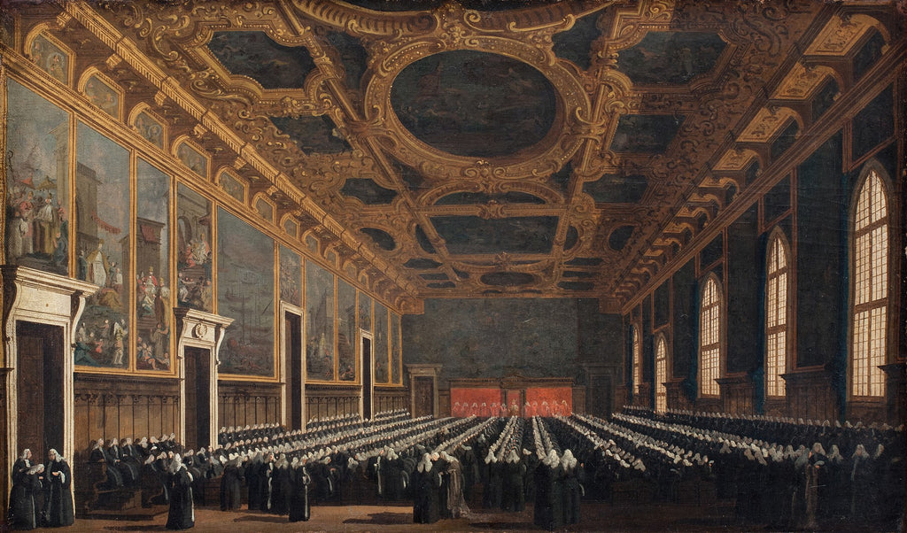 Quadro de Canaletto, 'A Sala do Conselho do Palazzo Ducale', mostrando uma vasta sala com teto dourado ornamentado, paredes com pinturas e grandes janelas. No chão, fileiras de figuras em vestes escuras e toucas brancas sentadas ou em pé, participando de uma assembleia solene.