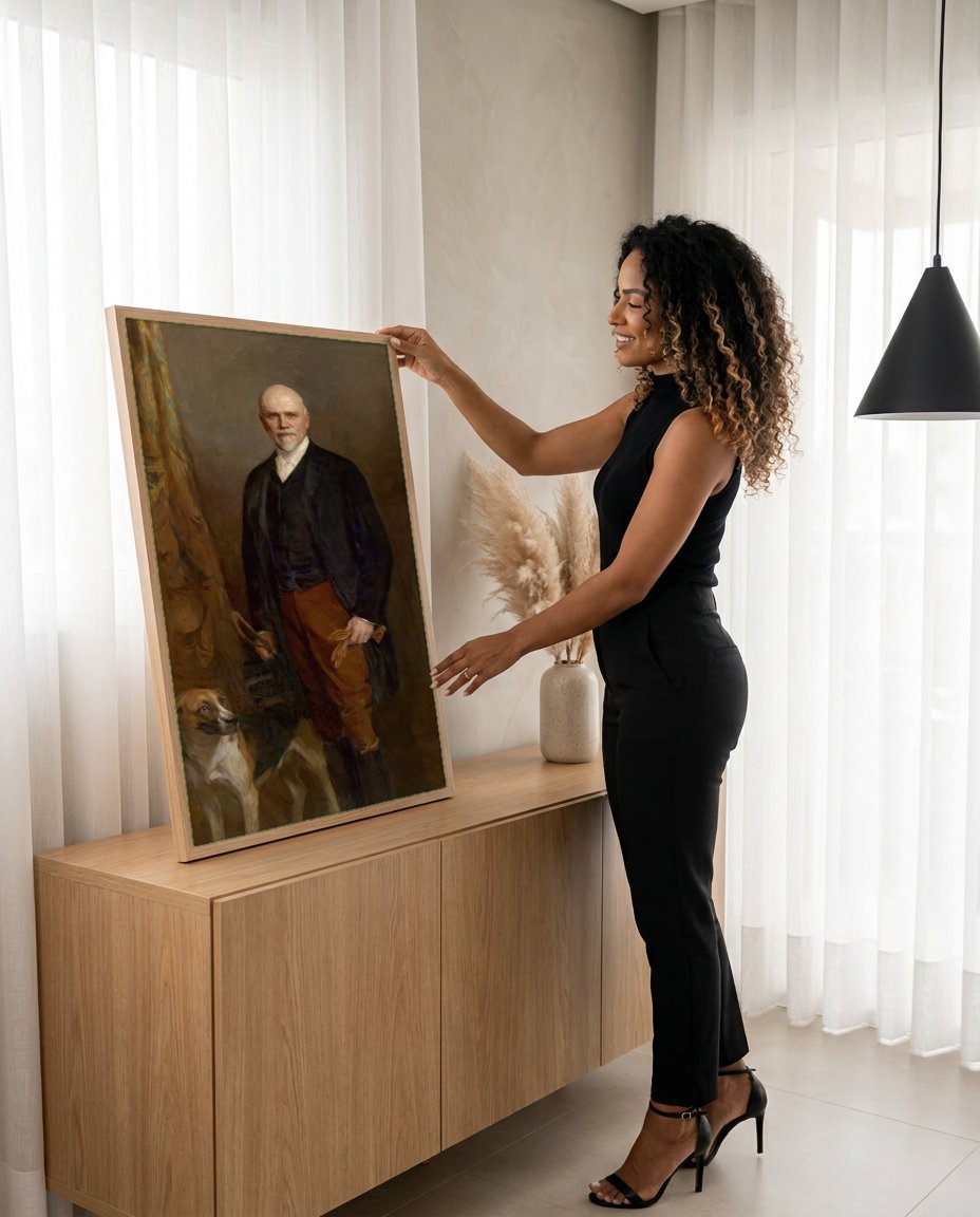 Quadro Decorativo Retrato de Homem e Cão de Caça - Philip Alexius de László com modelo em ambiente