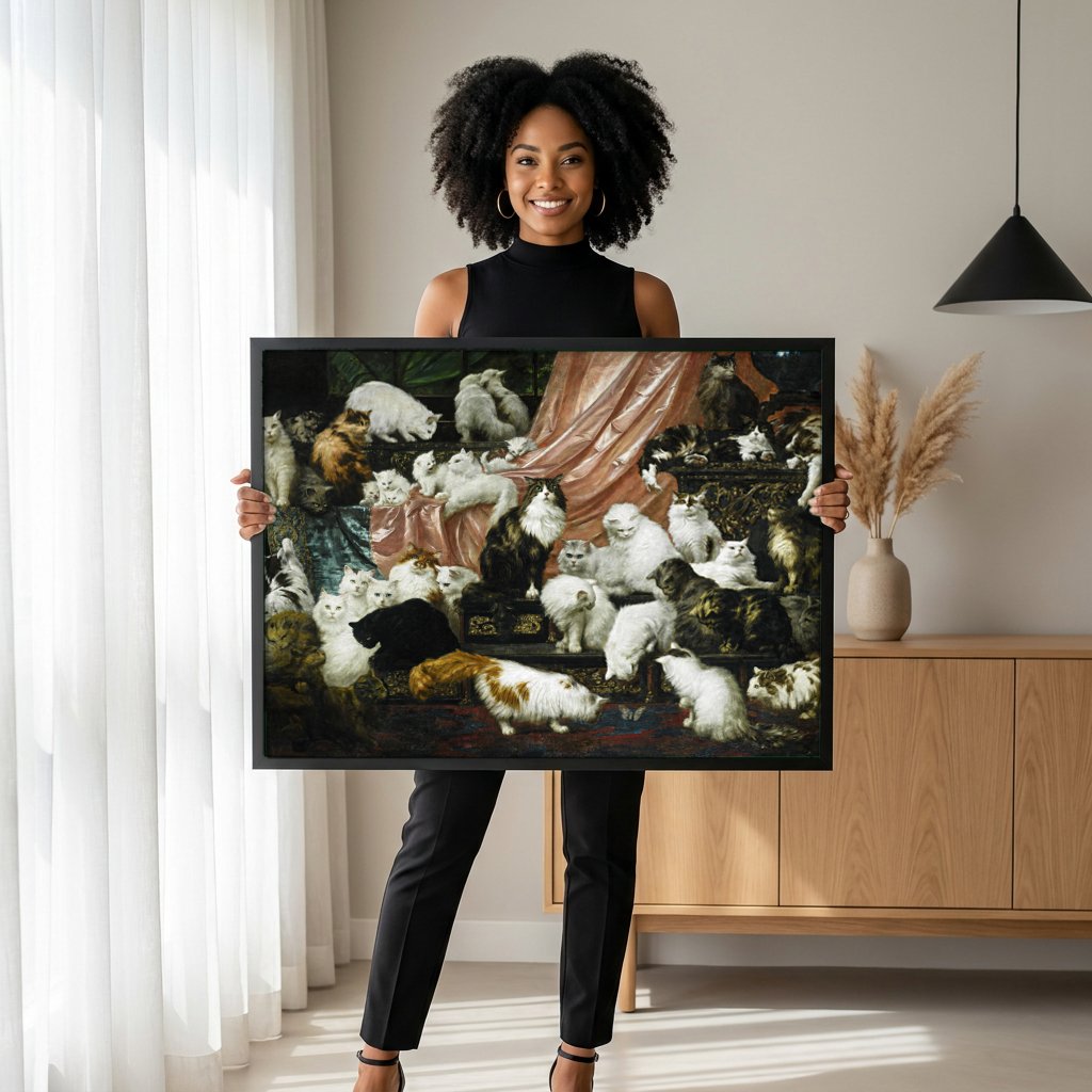 Quadro Decorativo 'O Amante dos Gatos' - Carl Kahler com modelo em ambiente