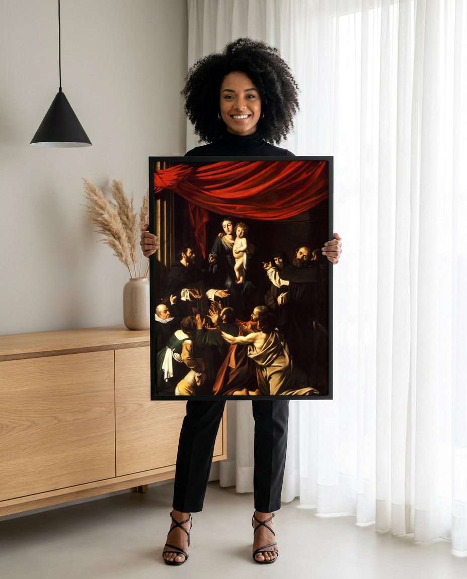 Quadro Decorativo Madonna do Rosário - Caravaggio com modelo em ambiente