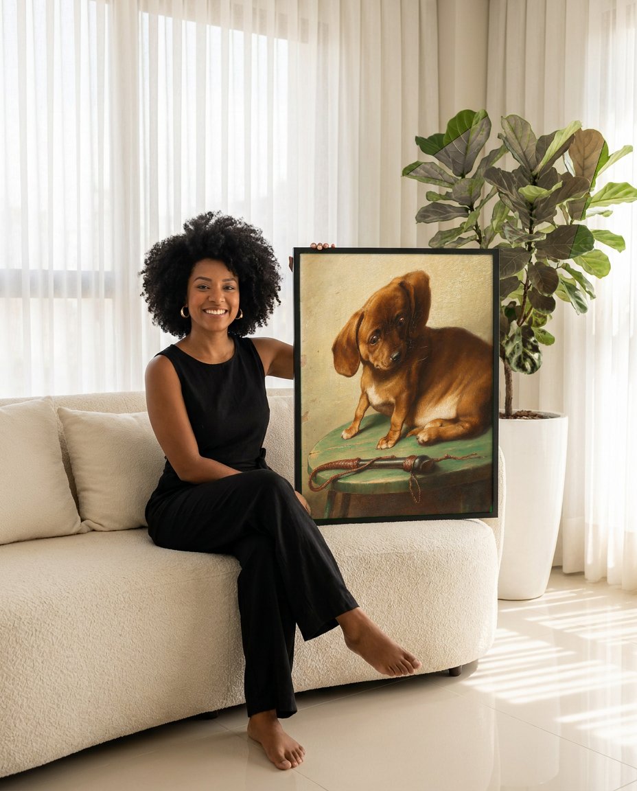 Quadro Decorativo Cãozinho Dachshund - Carl Reichert com modelo em ambiente