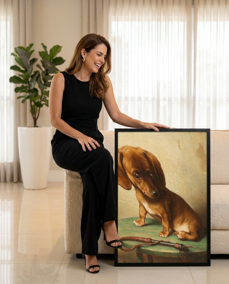 Quadro Decorativo Cãozinho Dachshund - Carl Reichert com modelo em ambiente