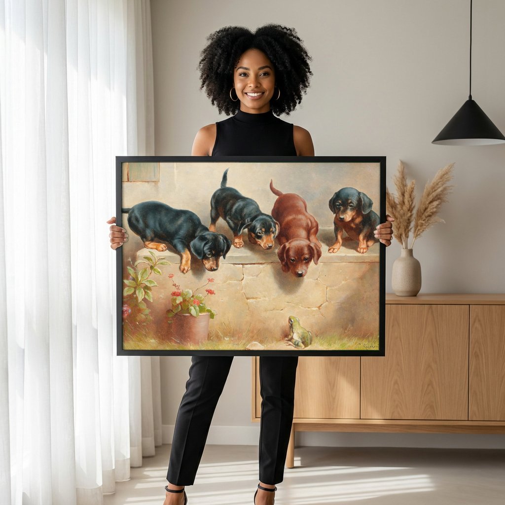 Quadro Decorativo Cãezinhos e o Sapo - Carl Reichert com modelo em ambiente