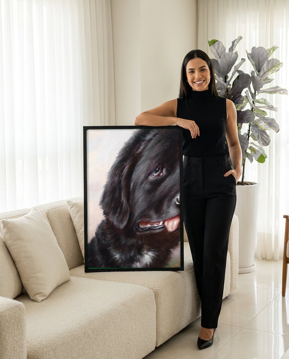 Quadro Decorativo Cão Labrador Negro - Carl Reichert com modelo em ambiente
