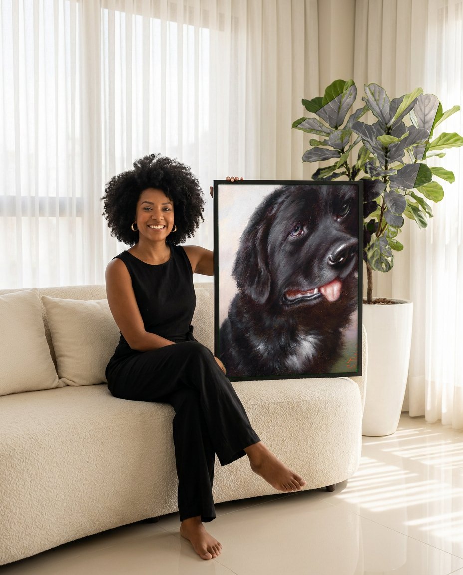 Quadro Decorativo Cão Labrador Negro - Carl Reichert com modelo em ambiente