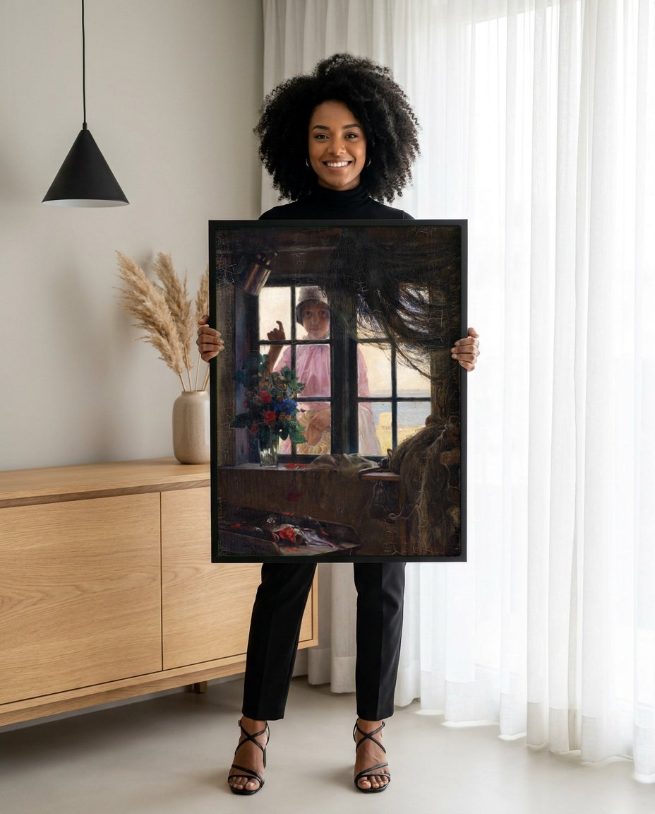 Quadro Decorativo A Menina na Janela - Carl Bloch com modelo em ambiente