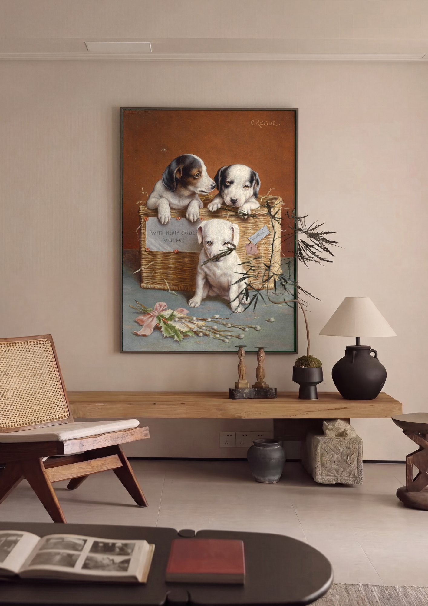 Quadro Decorativo Cãezinhos em Cesta - Carl Reichert em ambiente decorado