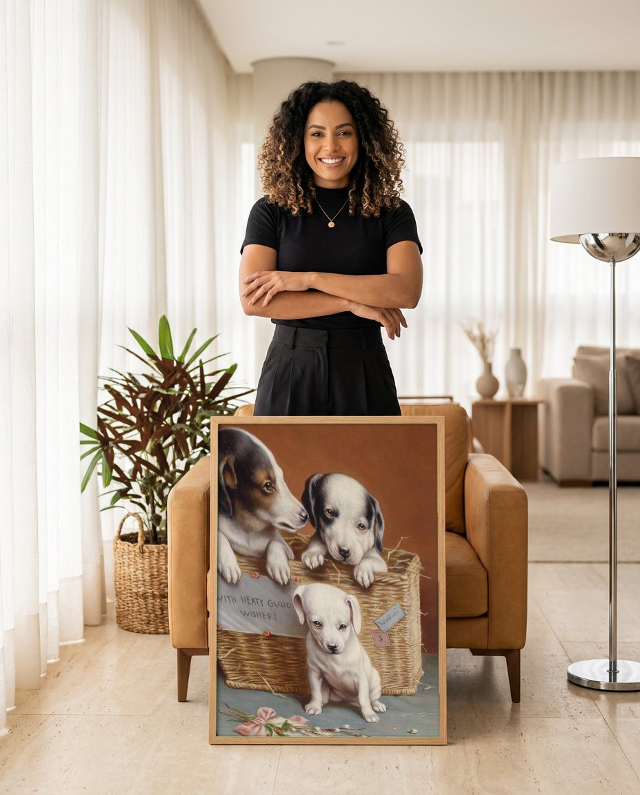 Quadro Decorativo Cãezinhos em Cesta - Carl Reichert com modelo em ambiente