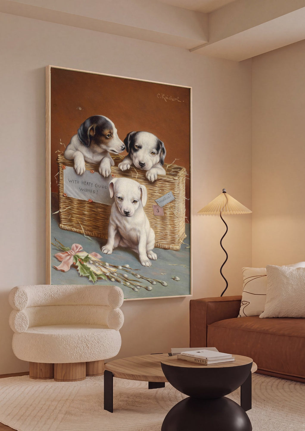 Quadro Decorativo Cãezinhos em Cesta - Carl Reichert em ambiente decorado