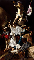 Pintura 'A Ressurreição de Cristo' de Caravaggio, mostrando Jesus ascendendo em luz, com anjos e guardas romanos em pânico, utilizando o forte contraste de luz e sombra característico do tenebrismo barroco.