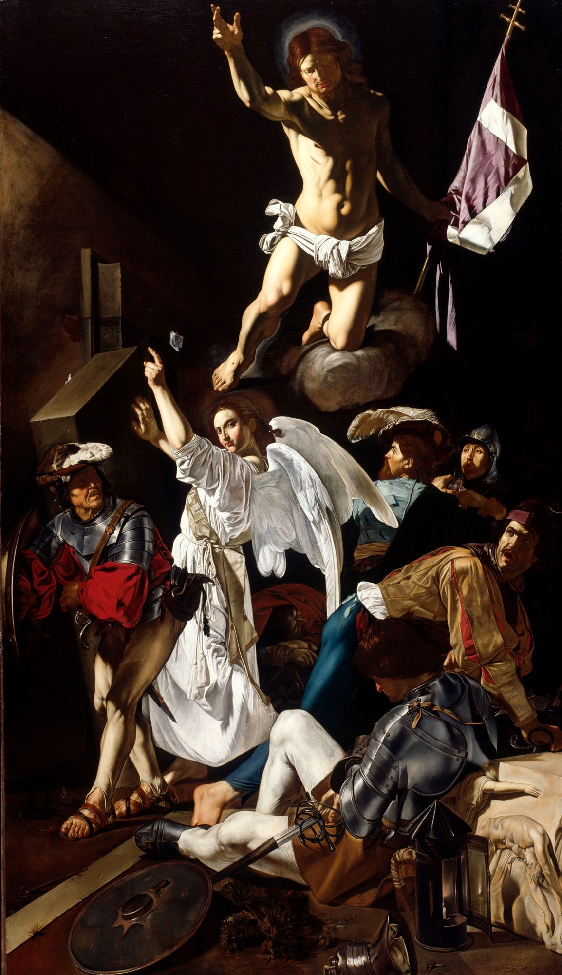 Pintura 'A Ressurreição de Cristo' de Caravaggio, mostrando Jesus ascendendo em luz, com anjos e guardas romanos em pânico, utilizando o forte contraste de luz e sombra característico do tenebrismo barroco.