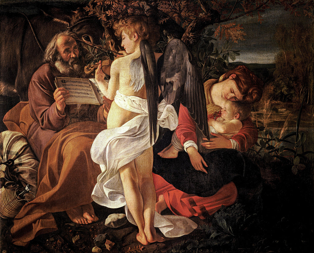 Quadro decorativo 'O Repouso na Fuga para o Egito' de Caravaggio, mostrando a Sagrada Família e um anjo tocando violino em um cenário noturno.